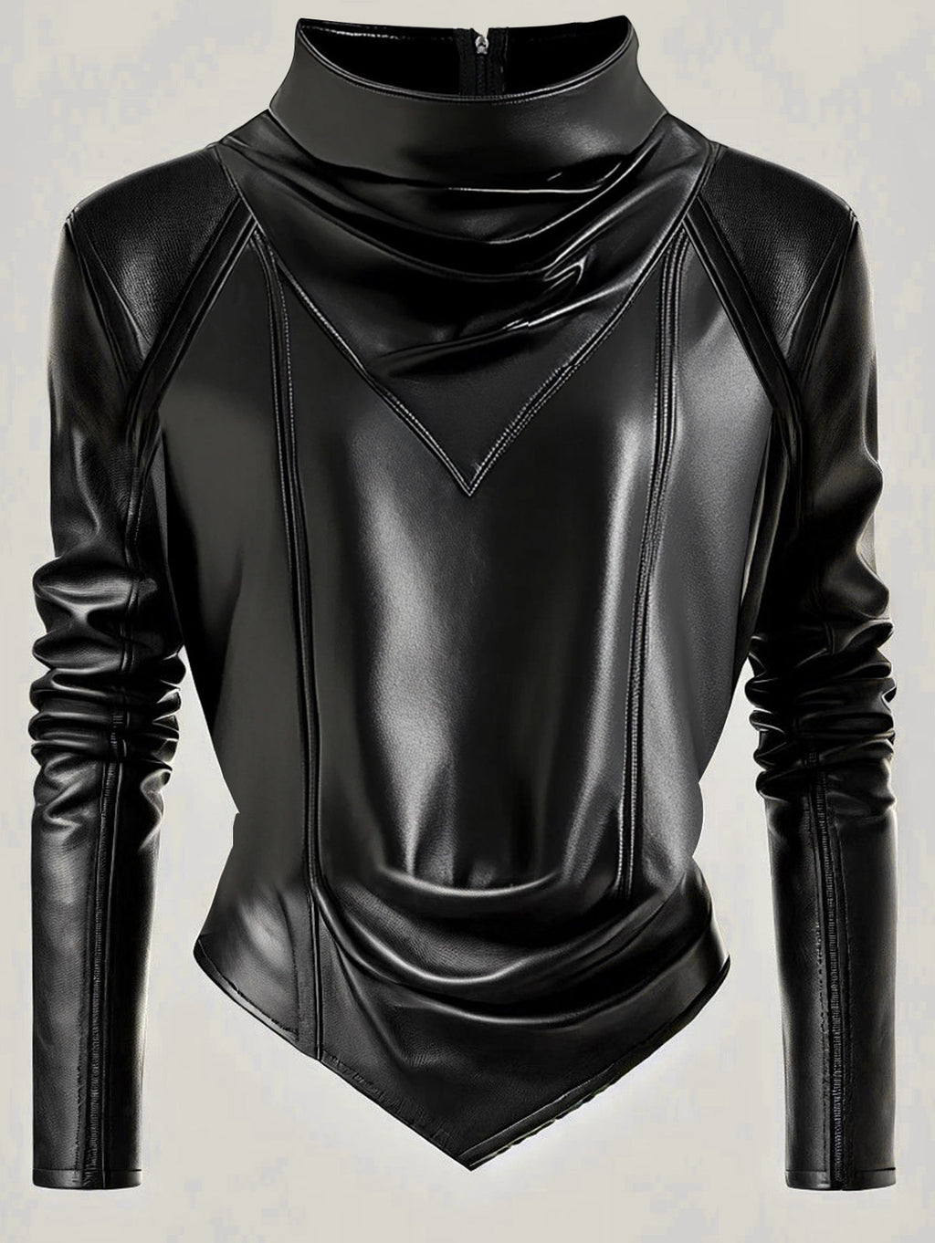 sheenchic Mock Neck Long Sleeve Back Zipper PU Leather Blouse