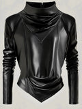 sheenchic Mock Neck Long Sleeve Back Zipper PU Leather Blouse