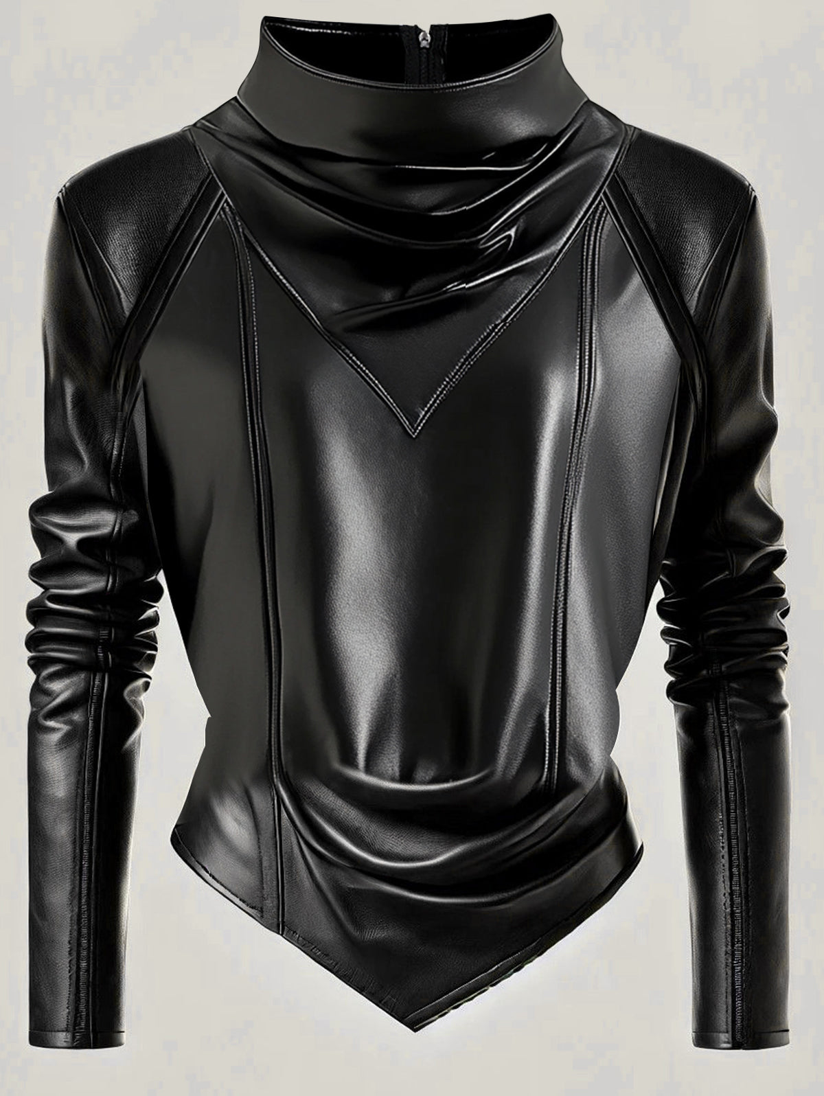 sheenchic Mock Neck Long Sleeve Back Zipper PU Leather Blouse
