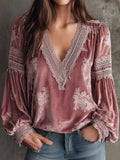 Casual Velvet Lace Trim Floral V Neck Lantern Sleeve Blosue