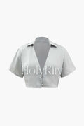 V-neck Satin Short Sleeve Blouse