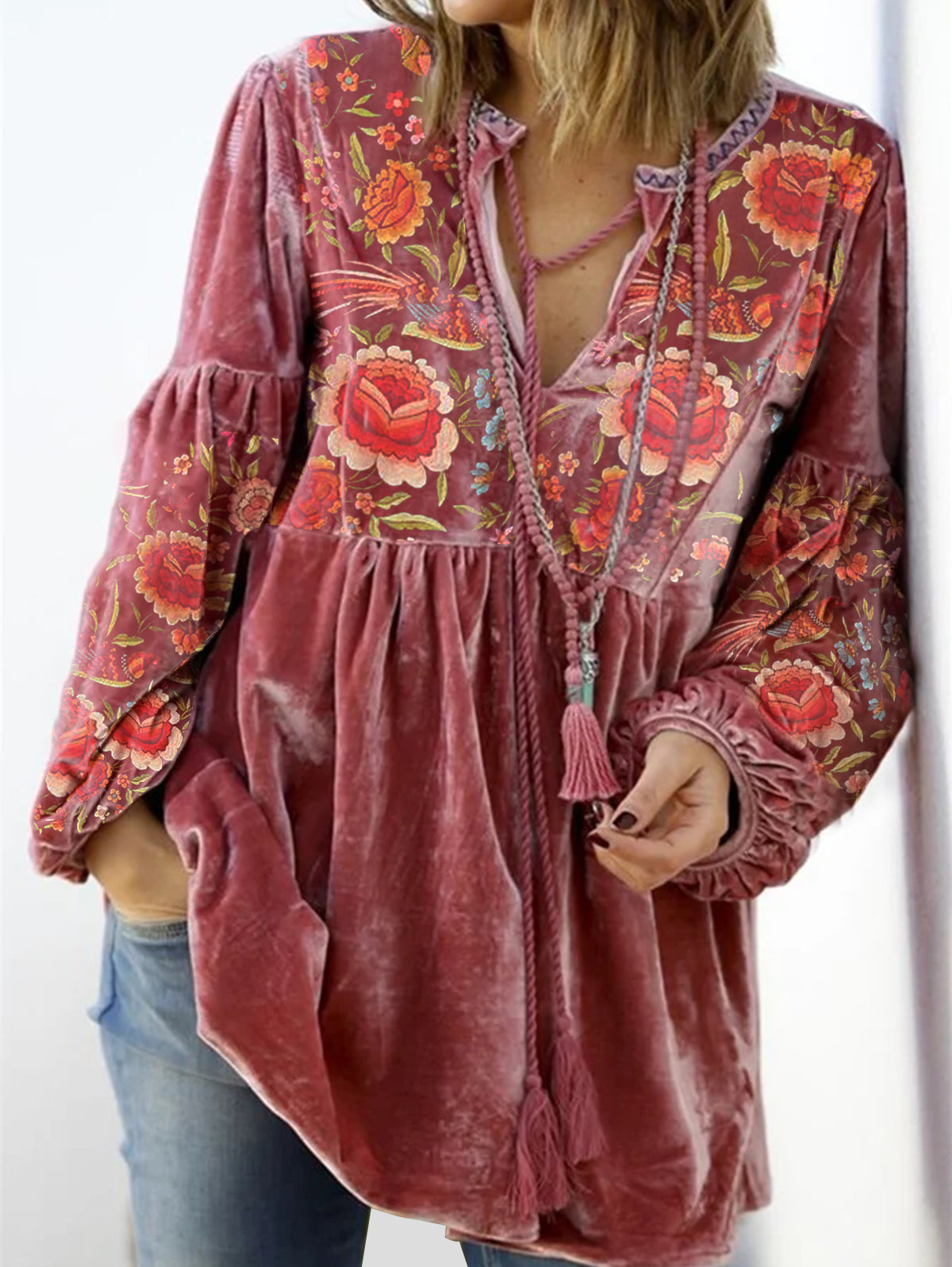 sheenchic V Neck Tie Front Gathered Floral Top