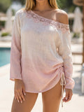 sheenchic Daily Pink Oblique Collar Long Sleeve Ruched Casual Lace Blouses [Pre-Order]