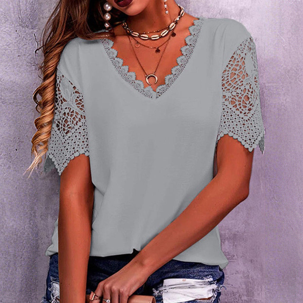 Casual V Neck Asymmetrical Guipure Lace Short Sleeve Blouse