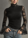 sheenchic Black Sheer Lace Flare Sleeve High Neck Top