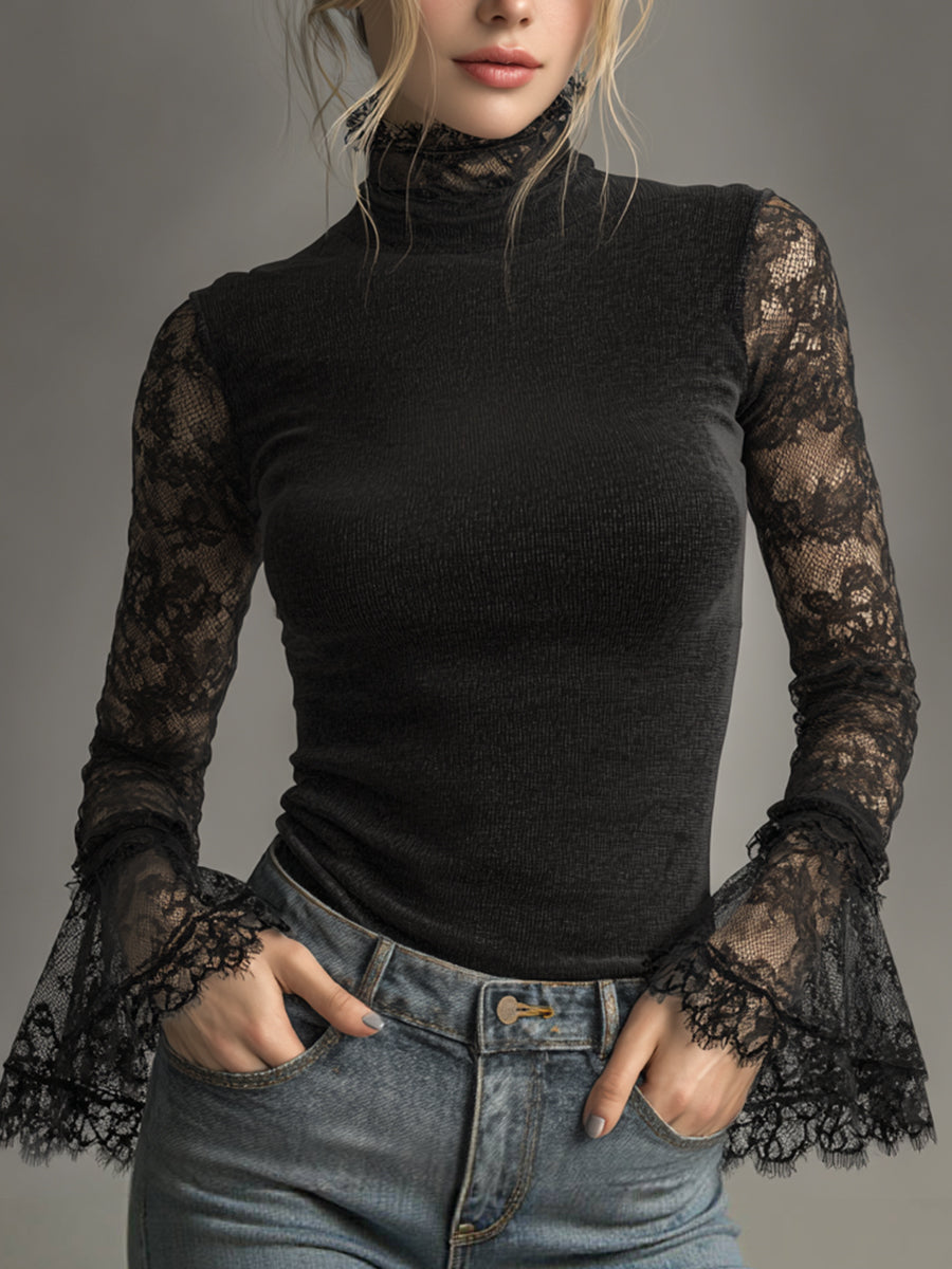 sheenchic Black Sheer Lace Flare Sleeve High Neck Top