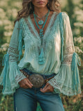 sheenchic Daily Green V Neck Long Sleeve Strappy Boho Contrast Lace Blouses [Pre-Order]