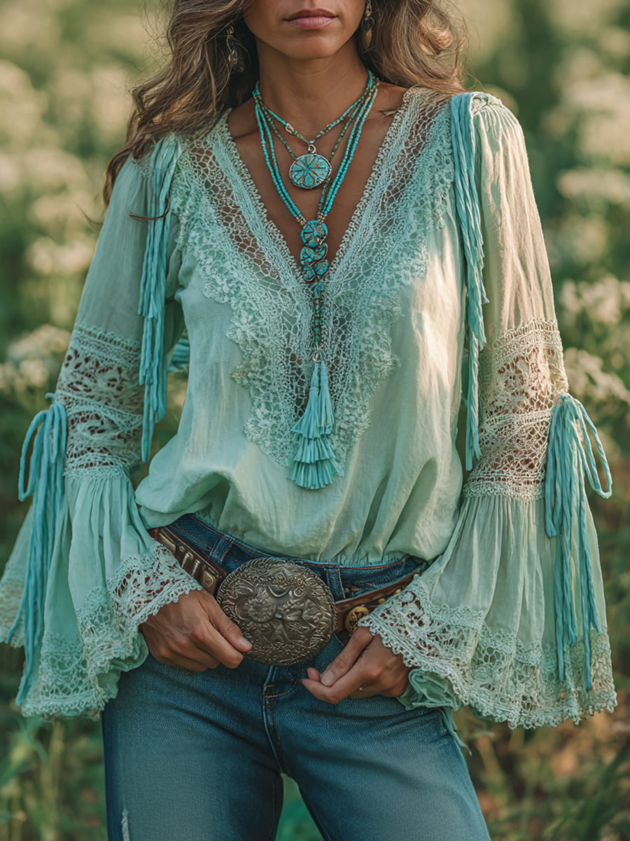 sheenchic Daily Green V Neck Long Sleeve Strappy Boho Contrast Lace Blouses [Pre-Order]
