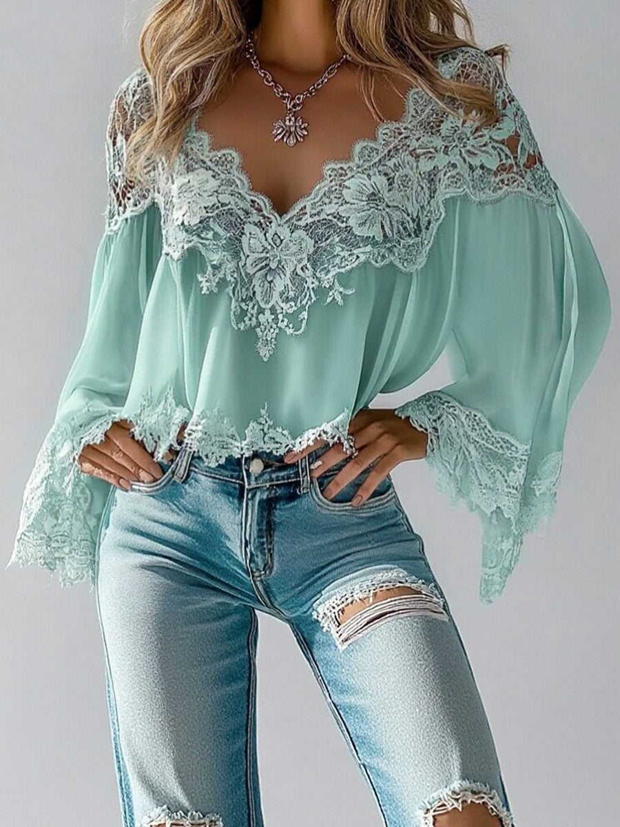 sheenchic Casual Floral Lace V Neck Long Sleeve Blouse