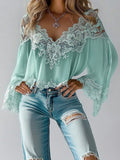 sheenchic Casual Floral Lace V Neck Long Sleeve Blouse