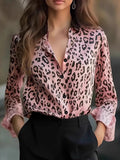 Daily Pink Leopard Shirt Collar Long Sleeve Button Casual Blouses
