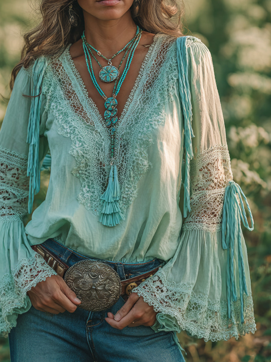 sheenchic Daily Green V Neck Long Sleeve Strappy Boho Contrast Lace Blouses [Pre-Order]