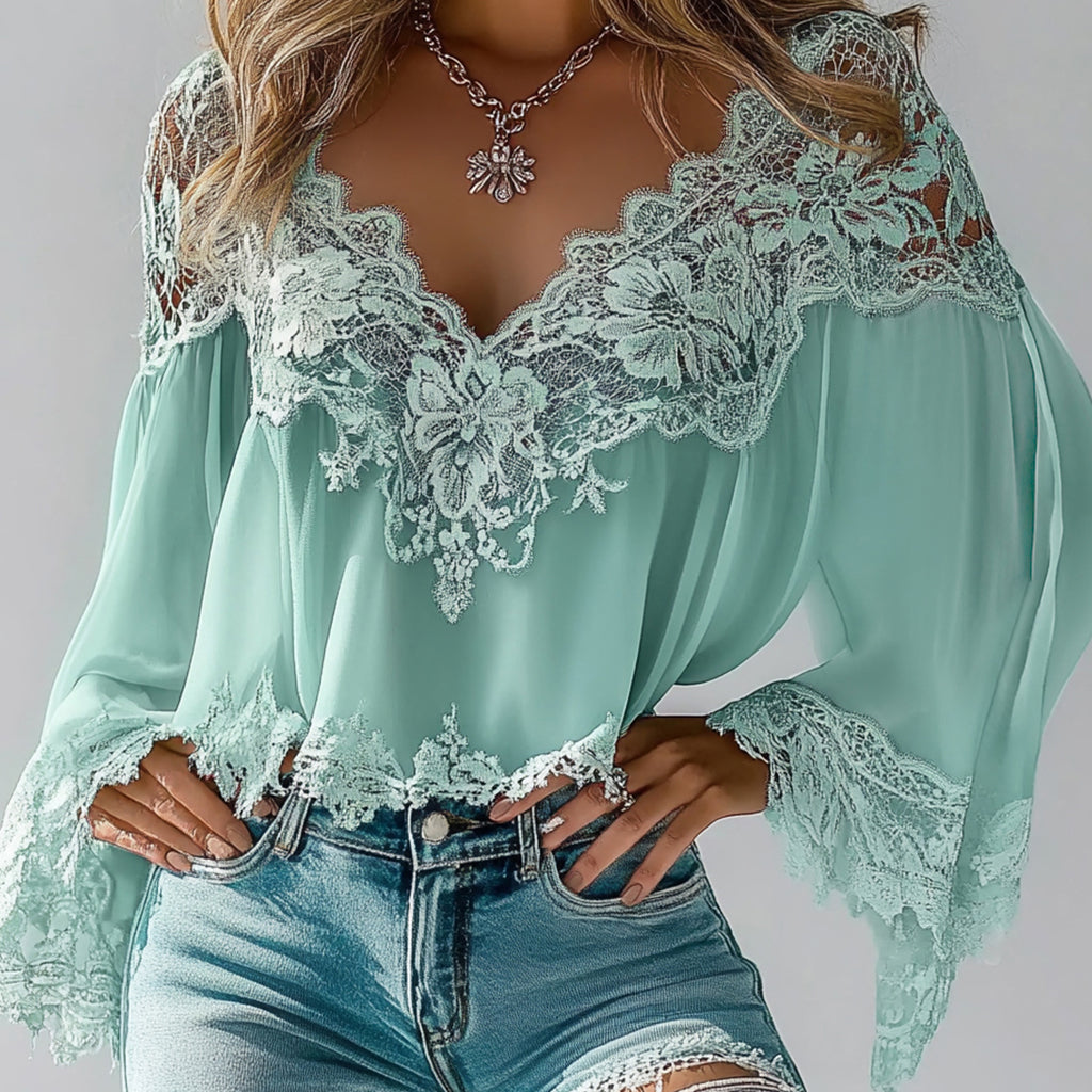 sheenchic Casual Floral Lace V Neck Long Sleeve Blouse