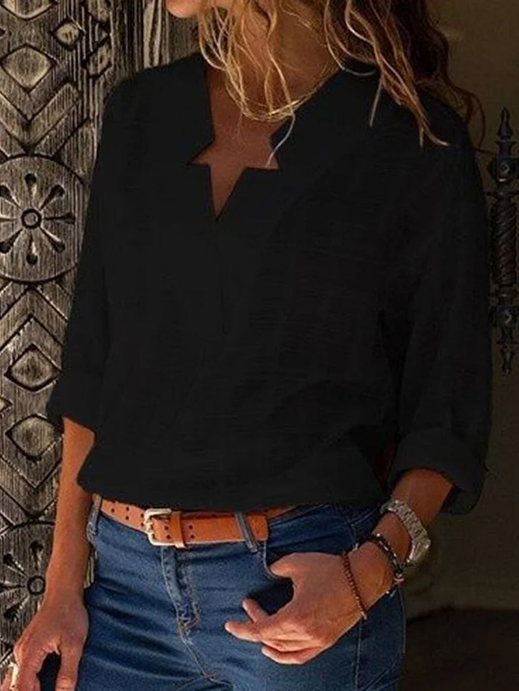 V Neck Long Sleeve Solid Color Shirts