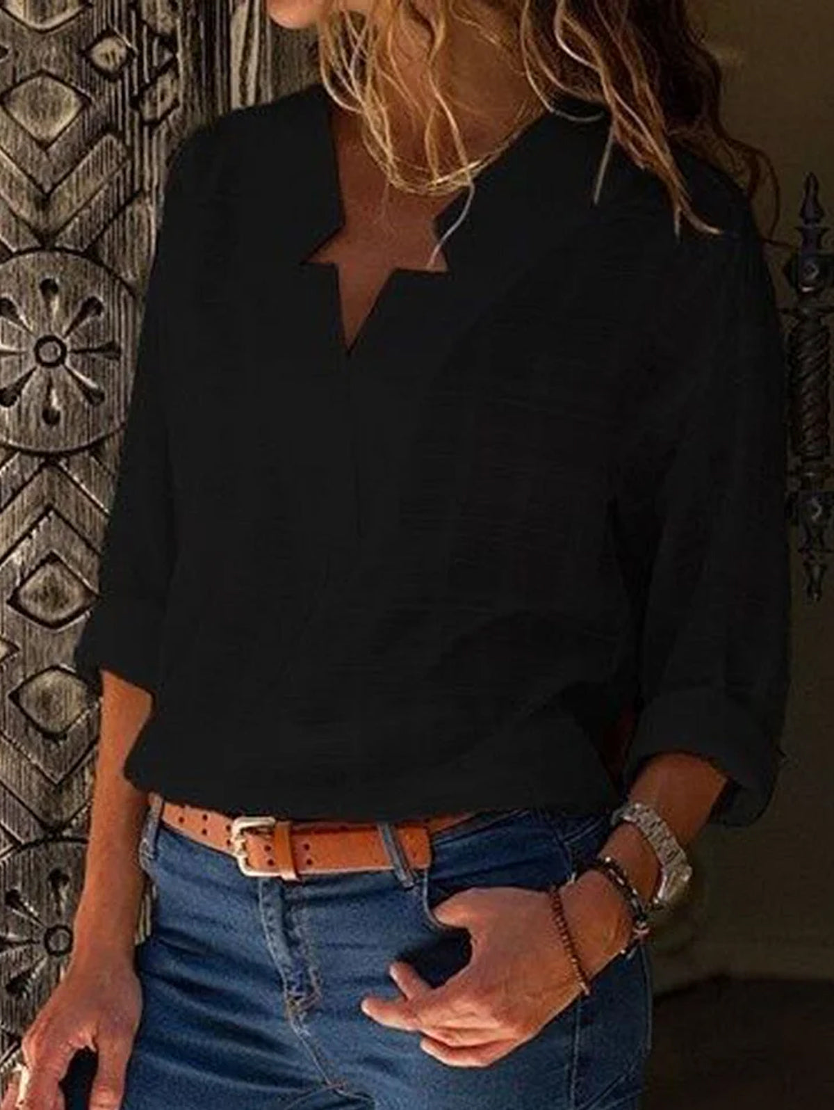 V Neck Long Sleeve Solid Color Shirts