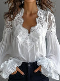 sheenchic Lace Floral Scallop Neck Lantern Sleeve Ruffled Cuff Blouse
