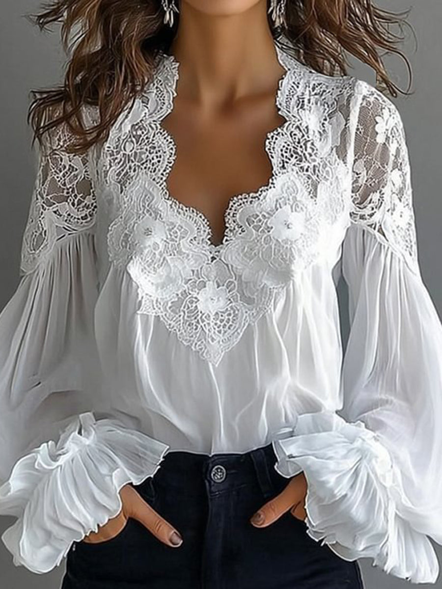 sheenchic Lace Floral Scallop Neck Lantern Sleeve Ruffled Cuff Blouse