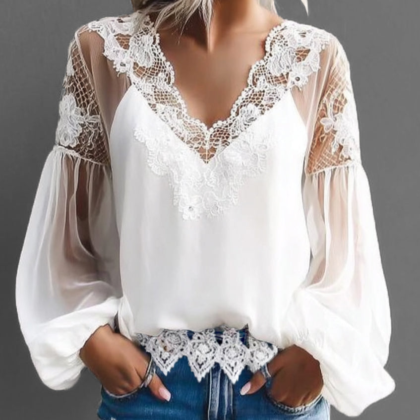 sheenchic Hollow Lace V Neck Lantern Sleeve Blouse