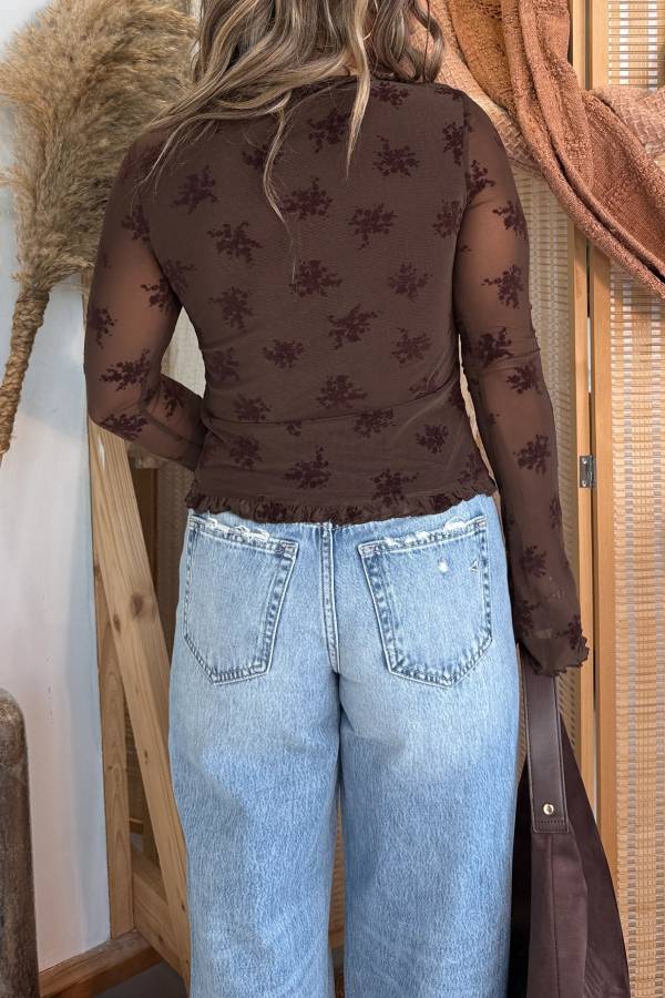 Spiced Flutter Sleeve Mesh Top Dark Brown