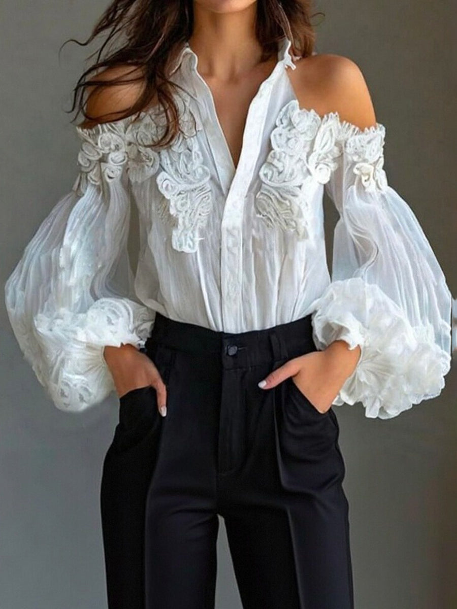 sheenchic Shirt Collar Cold Shoulder Puff Sleeve Button Blouse