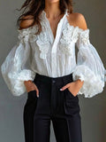sheenchic Shirt Collar Cold Shoulder Puff Sleeve Button Blouse