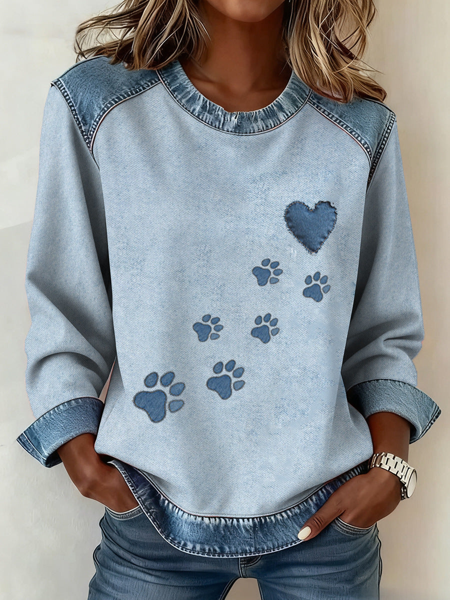Vacation Light Blue Round Neck Long Sleeve Contrast Vintage Denim Blouses