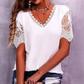 Casual V Neck Asymmetrical Guipure Lace Short Sleeve Blouse