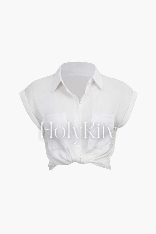 Rolled Cuff Knotted Hem Shirt