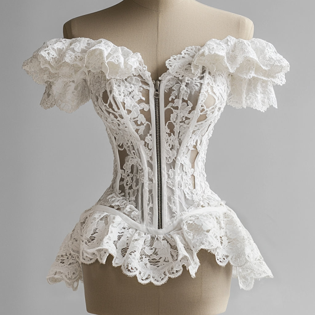 sheenchic Lace Ruffle Off Shoulder Zip Up Blouse