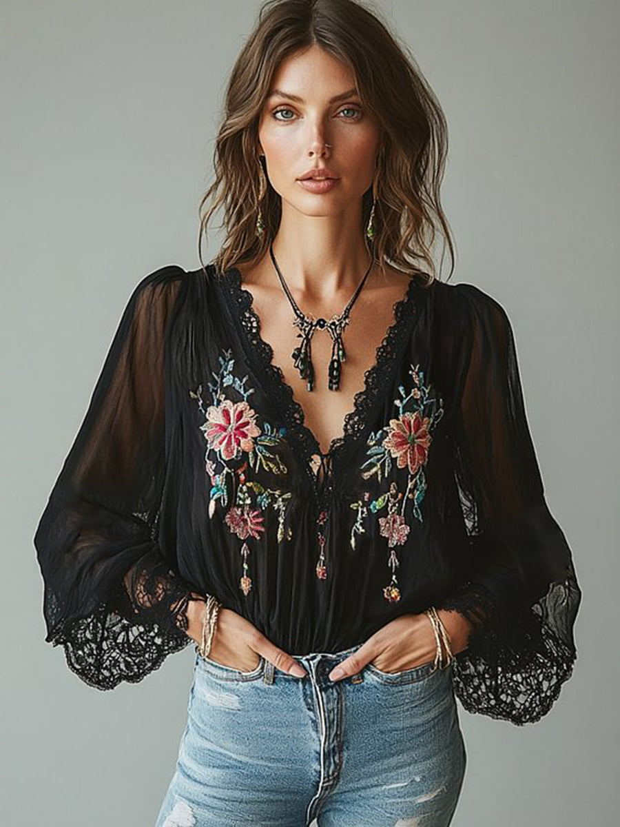 sheenchic V Neck Floral Embroidery Lace Long Sleeve Blouse