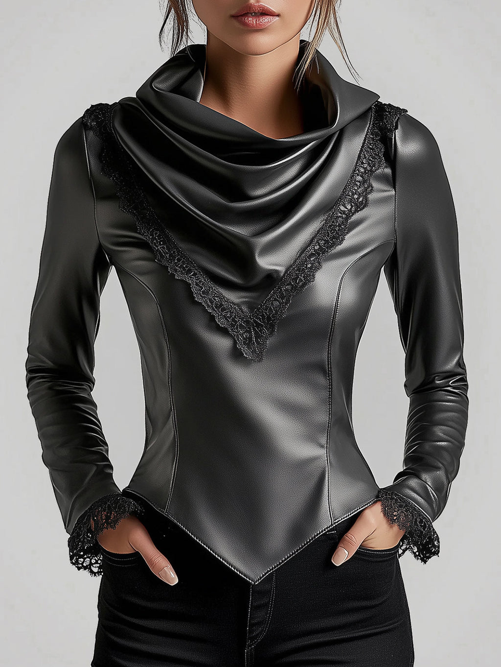 sheenchic Cowl Neck Lace Trim Long Sleeve PU Leather Blouse