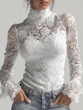 sheenchic White Sheer Lace High Neck Flare Sleeves Top & Camisole 2Pcs Set