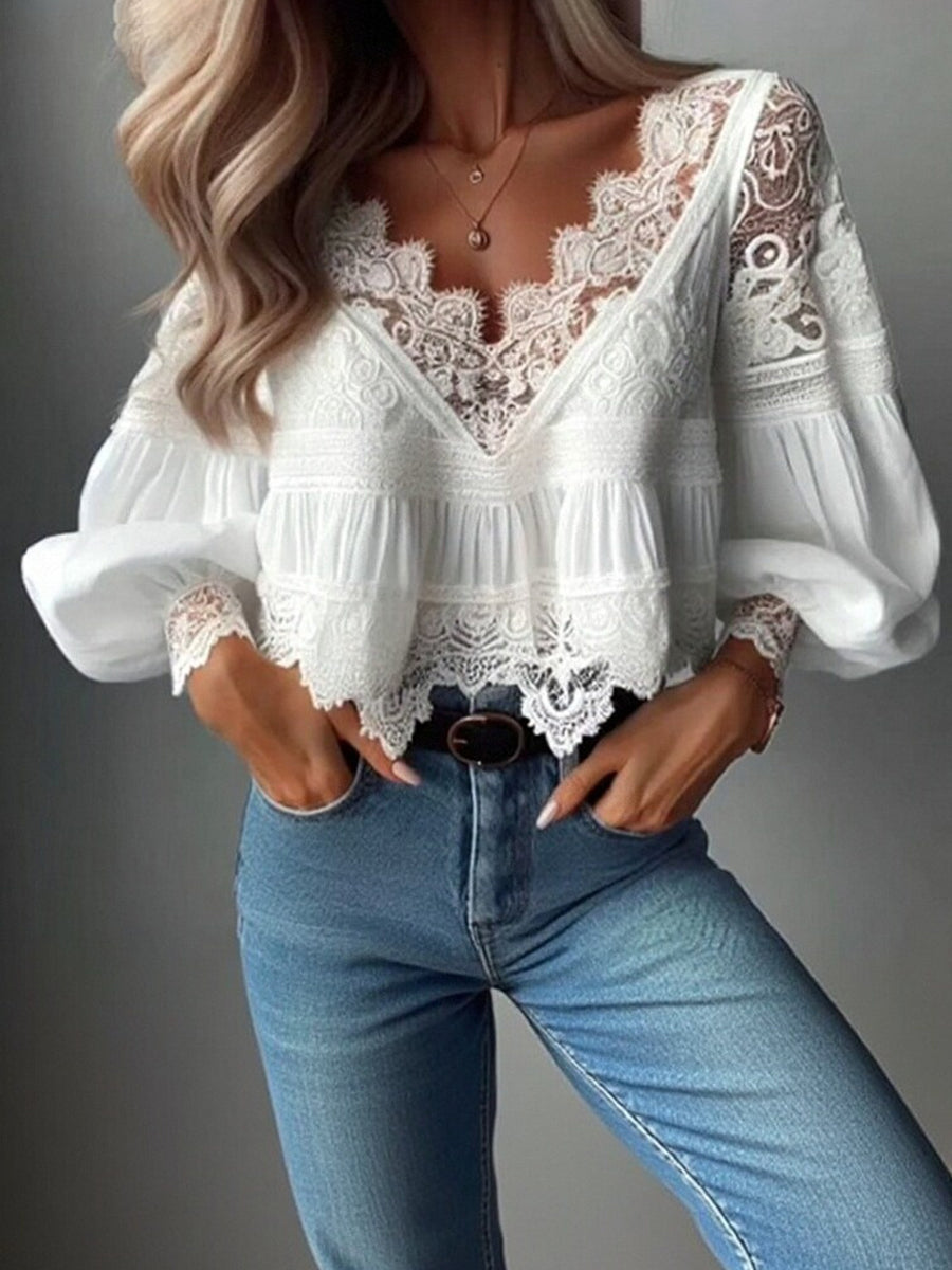 Everyday Lace Patchwork V Neck Lantern Sleeve Irregular Hem Blouse