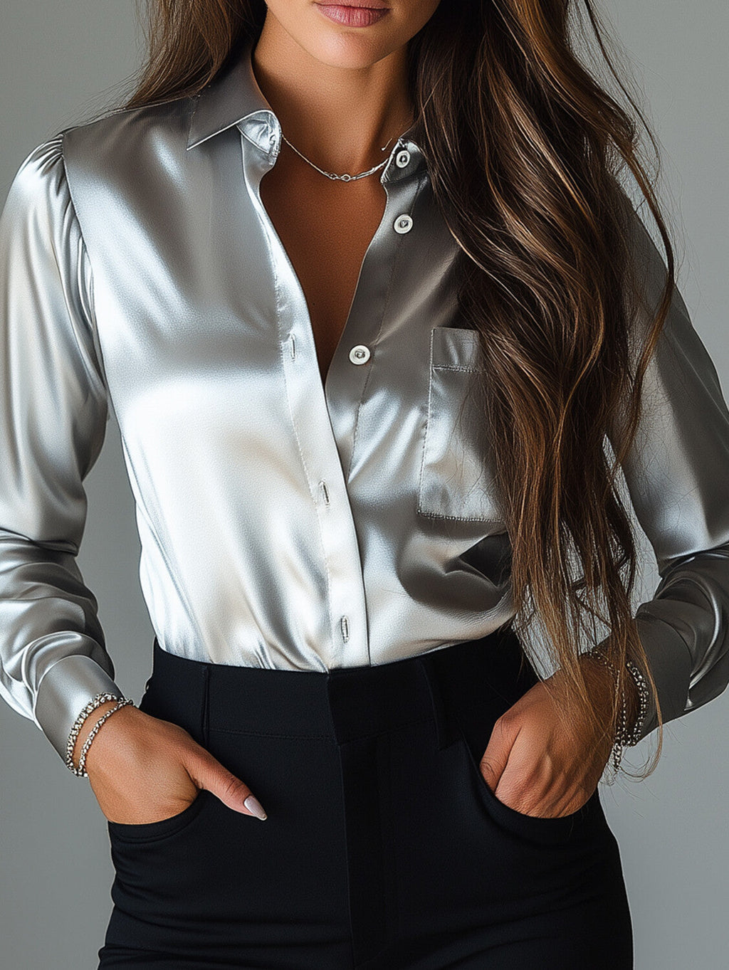 sheenchic Satin Shirt Collar Button Long Sleeve Chest Pocket Blouse